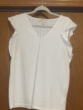 Michael Kors White Eyelet V-Neck Flutter-Sleeve Top